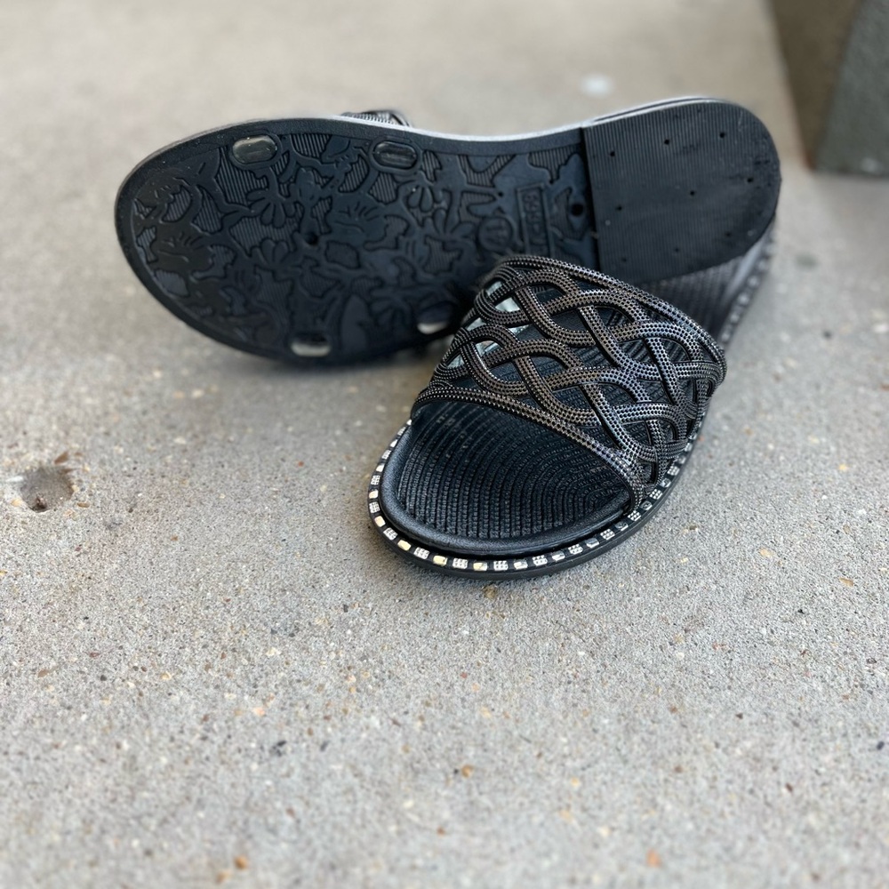 Black Slide Sandals with Rhinestone Trim